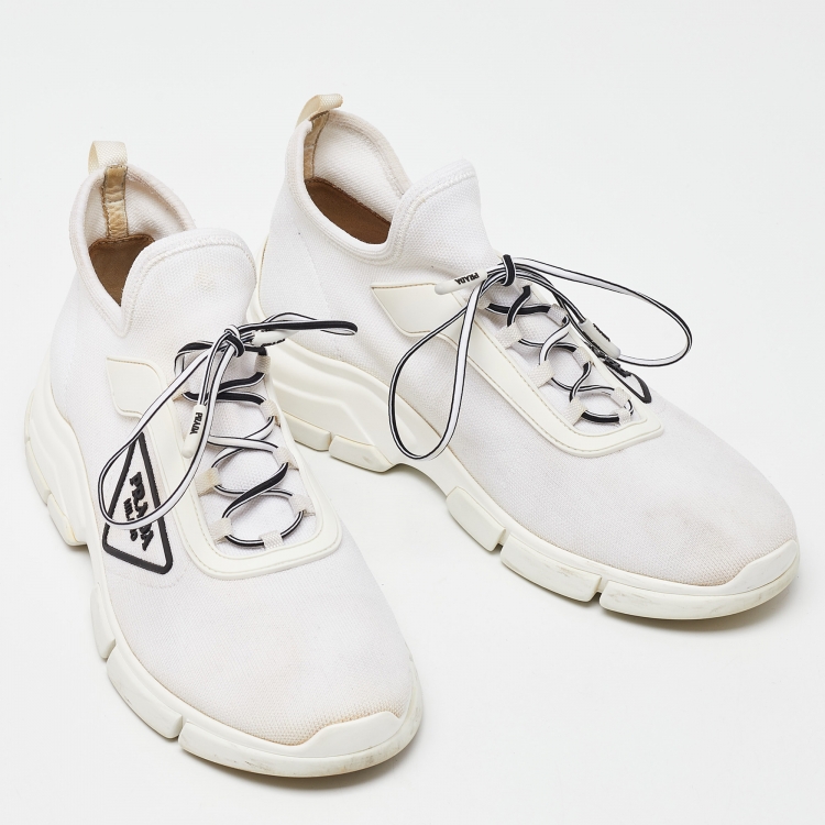 Pre Owned Prada White Logo Knit Fabric Low Top Sneakers Size 38