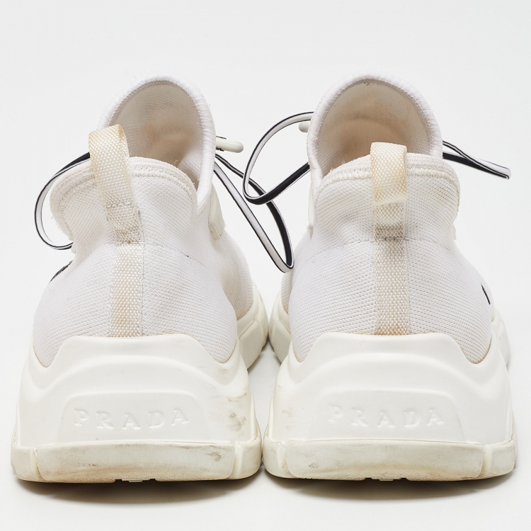 Pre Owned Prada White Logo Knit Fabric Low Top Sneakers Size 38