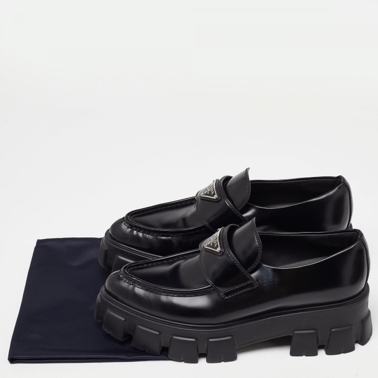 Pre Owned Prada Black Leather Monolith Logo Platform Loafers Size 39.5