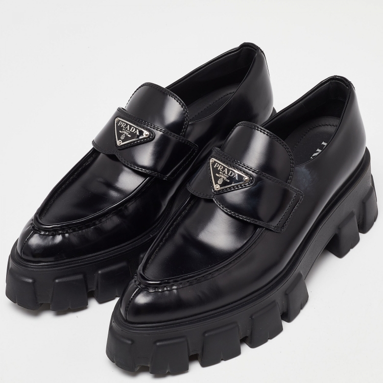 Pre Owned Prada Black Leather Monolith Logo Platform Loafers Size 39.5