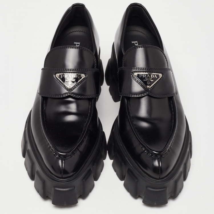 Pre Owned Prada Black Leather Monolith Logo Platform Loafers Size 39.5