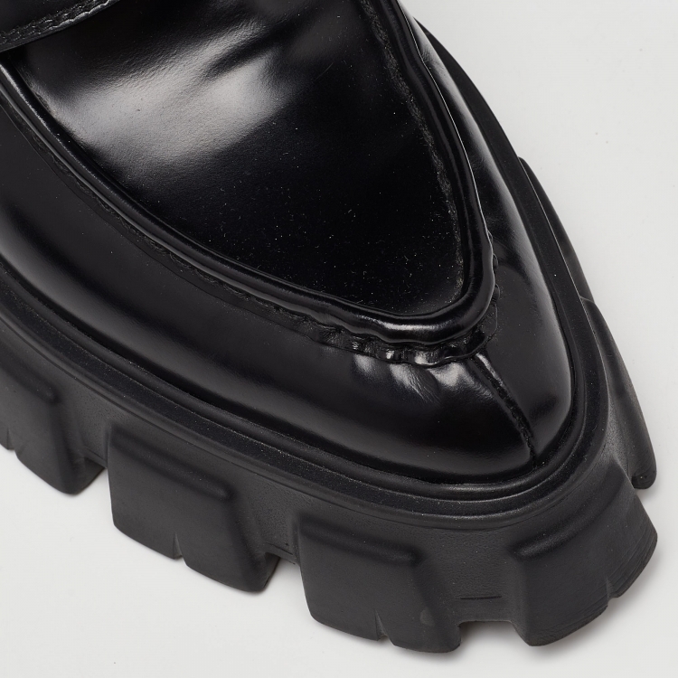 Pre Owned Prada Black Leather Monolith Logo Platform Loafers Size 39.5