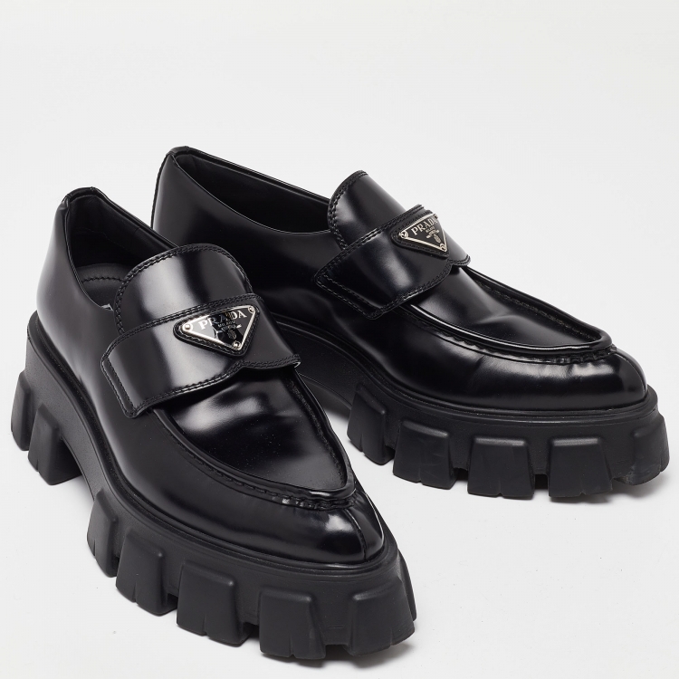 Pre Owned Prada Black Leather Monolith Logo Platform Loafers Size 39.5