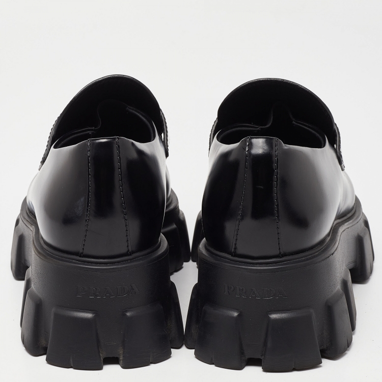 Pre Owned Prada Black Leather Monolith Logo Platform Loafers Size 39.5