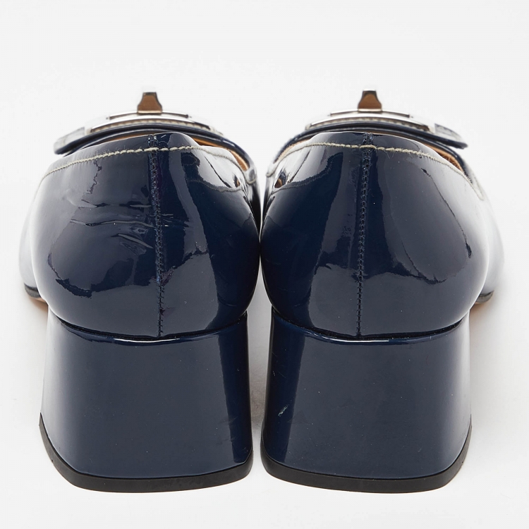 Pre Owned Prada Blue Patent Leather Buckle Square Toe Pumps Size 40.5