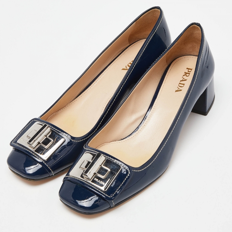Pre Owned Prada Blue Patent Leather Buckle Square Toe Pumps Size 40.5