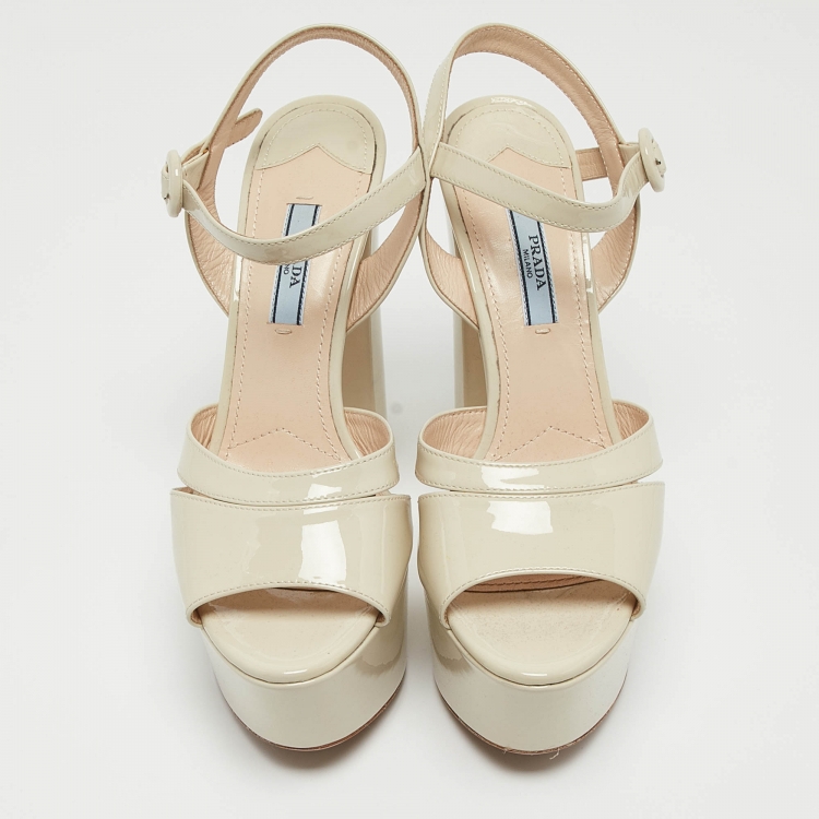 Pre Owned Prada Cream Patent Leather Platform Block Heel Ankle Strap Sandals Size 37.5
