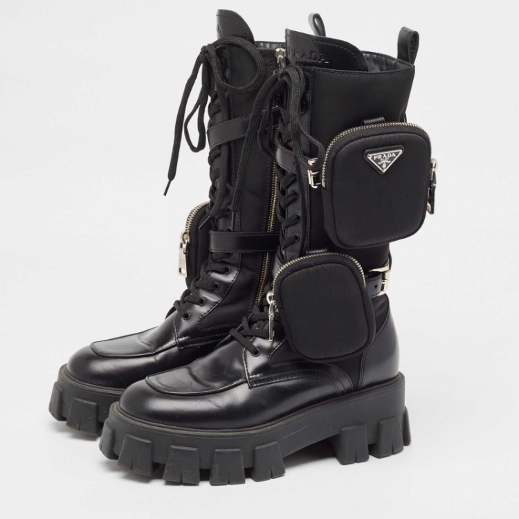Pre Owned Prada Black Leather and Satin Monolith Mid Calf Boots Size 38