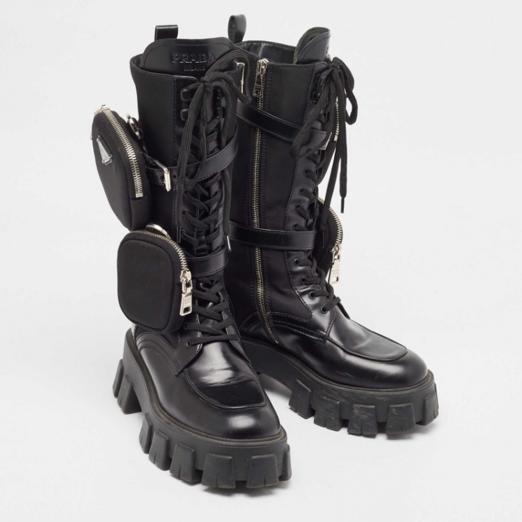 Pre Owned Prada Black Leather and Satin Monolith Mid Calf Boots Size 38