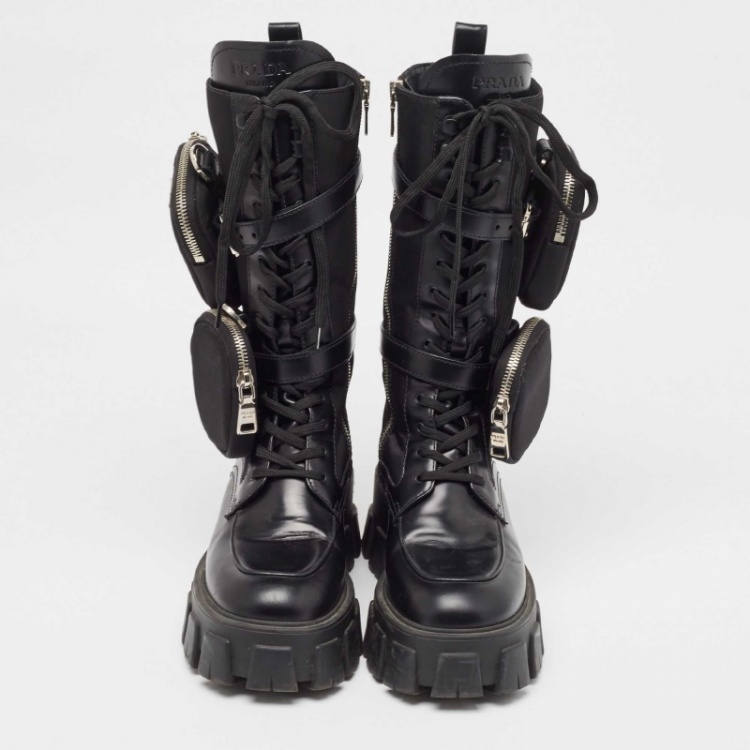 Pre Owned Prada Black Leather and Satin Monolith Mid Calf Boots Size 38