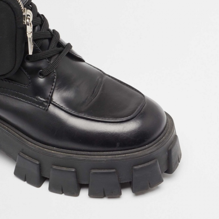 Pre Owned Prada Black Leather and Satin Monolith Mid Calf Boots Size 38