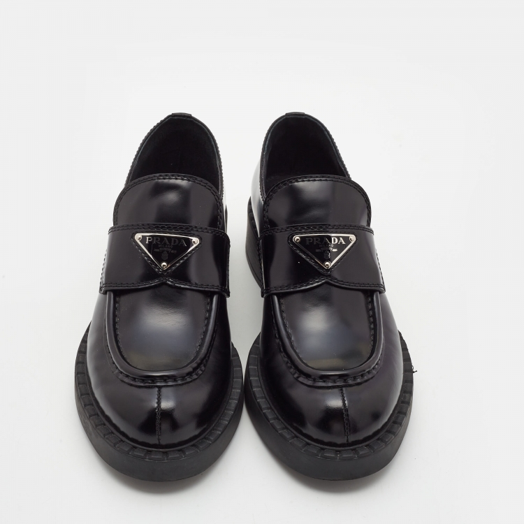 Pre Owned Prada Black Glossy Leather Platform Loafers Size 36.5