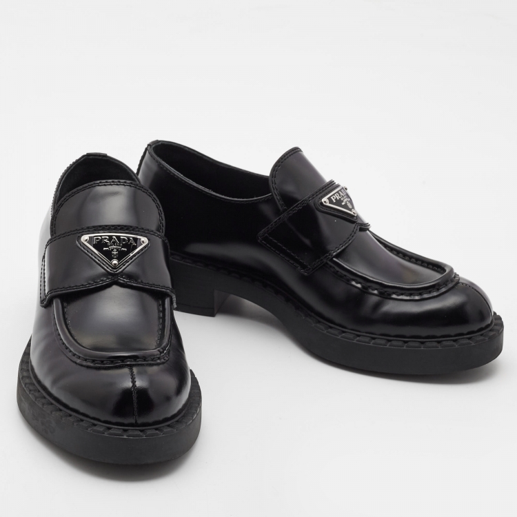 Pre Owned Prada Black Glossy Leather Platform Loafers Size 36.5