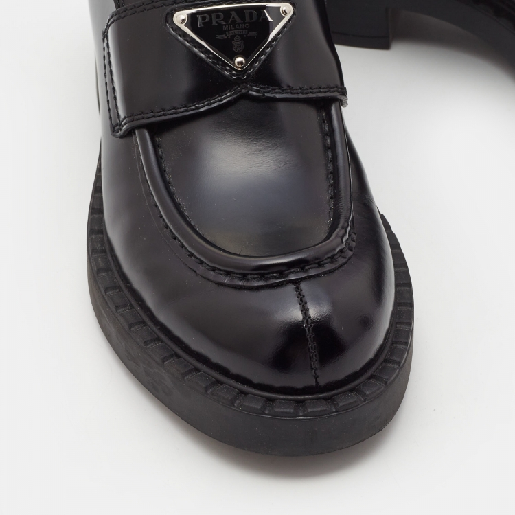 Pre Owned Prada Black Glossy Leather Platform Loafers Size 36.5