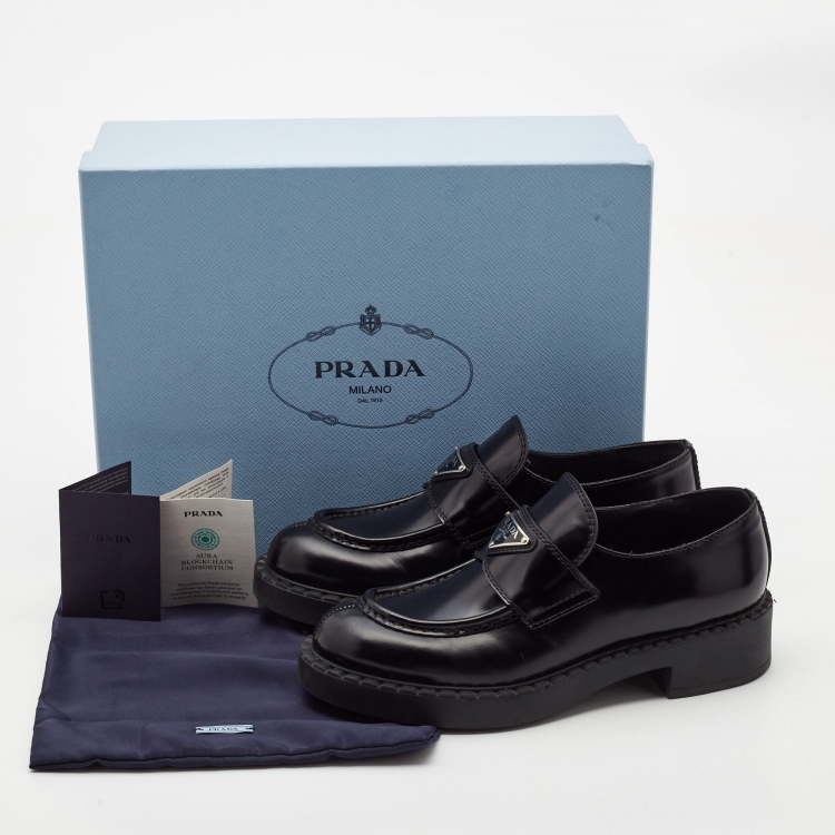 Pre Owned Prada Black Glossy Leather Platform Loafers Size 36.5
