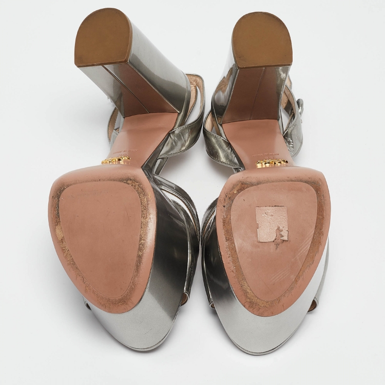 Pre Owned Prada Silver Patent Leather Ankle Strap Platform Sandals Size 39 