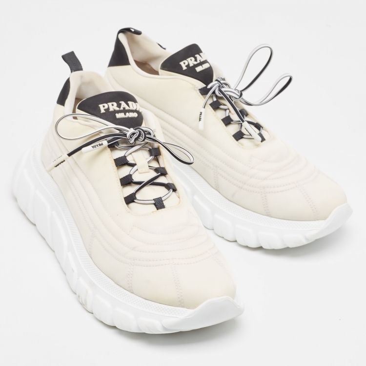 Pre Owned Prada White/Black Canvas Lace Up Sneakers Size 38.5
