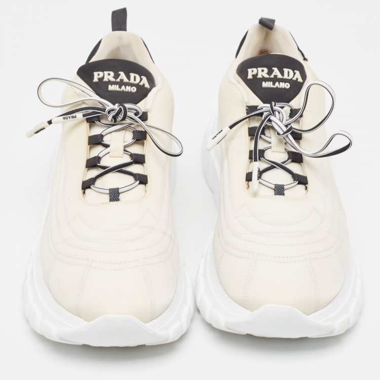 Pre Owned Prada White/Black Canvas Lace Up Sneakers Size 38.5