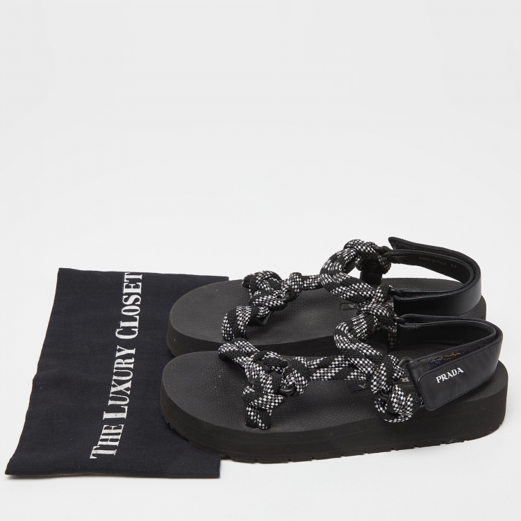 Pre Owned Prada Black/White Leather And Rope Donna Nastro Platform Velcro Strap Sandals Size 37