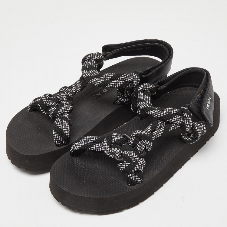 Pre Owned Prada Black/White Leather And Rope Donna Nastro Platform Velcro Strap Sandals Size 37