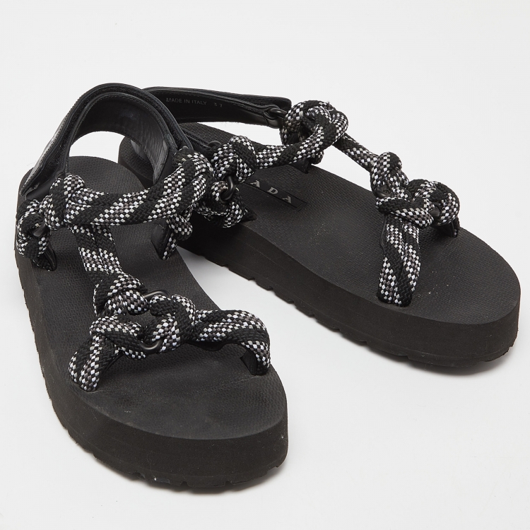 Pre Owned Prada Black/White Leather And Rope Donna Nastro Platform Velcro Strap Sandals Size 37