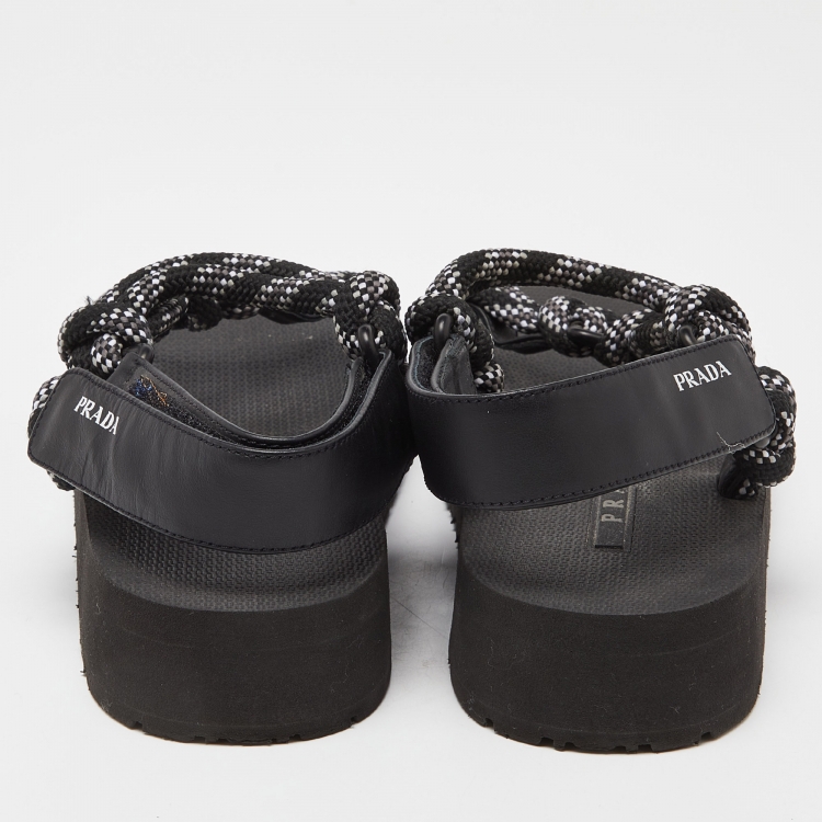 Pre Owned Prada Black/White Leather And Rope Donna Nastro Platform Velcro Strap Sandals Size 37