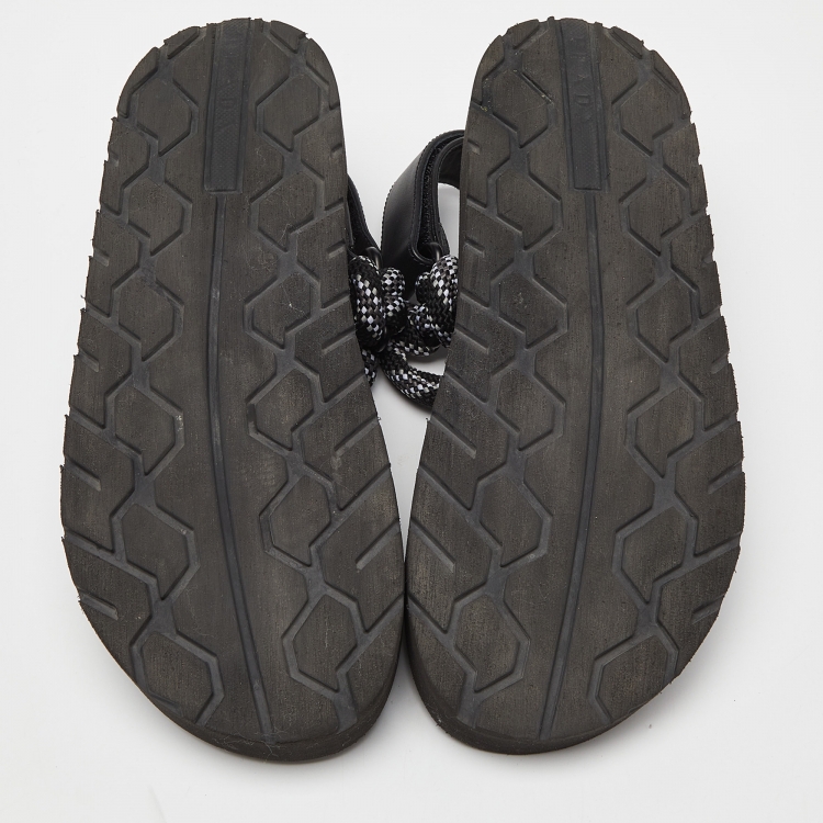 Pre Owned Prada Black/White Leather And Rope Donna Nastro Platform Velcro Strap Sandals Size 37