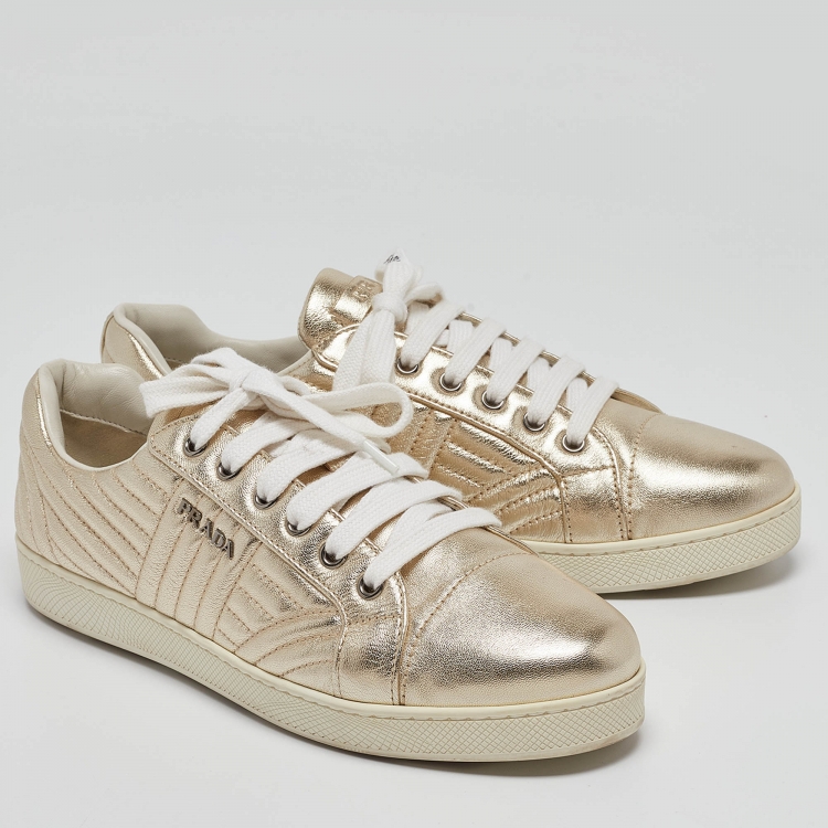 Pre Owned Prada Gold Quilted Leather Low Top Sneakers Size 40