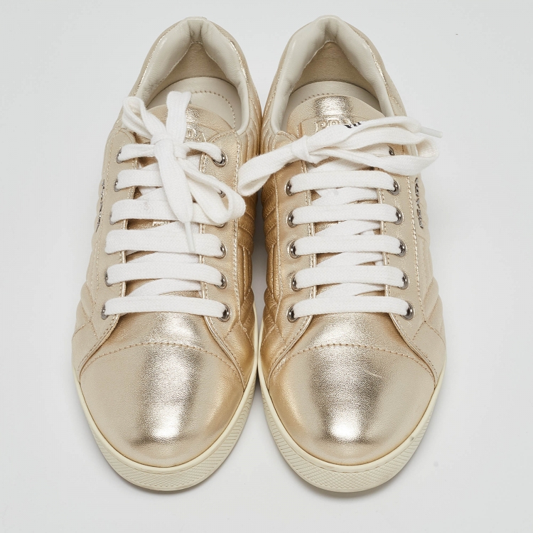 Pre Owned Prada Gold Quilted Leather Low Top Sneakers Size 40