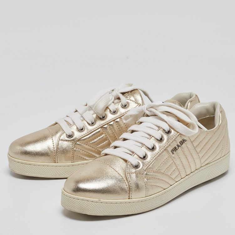 Pre Owned Prada Gold Quilted Leather Low Top Sneakers Size 40