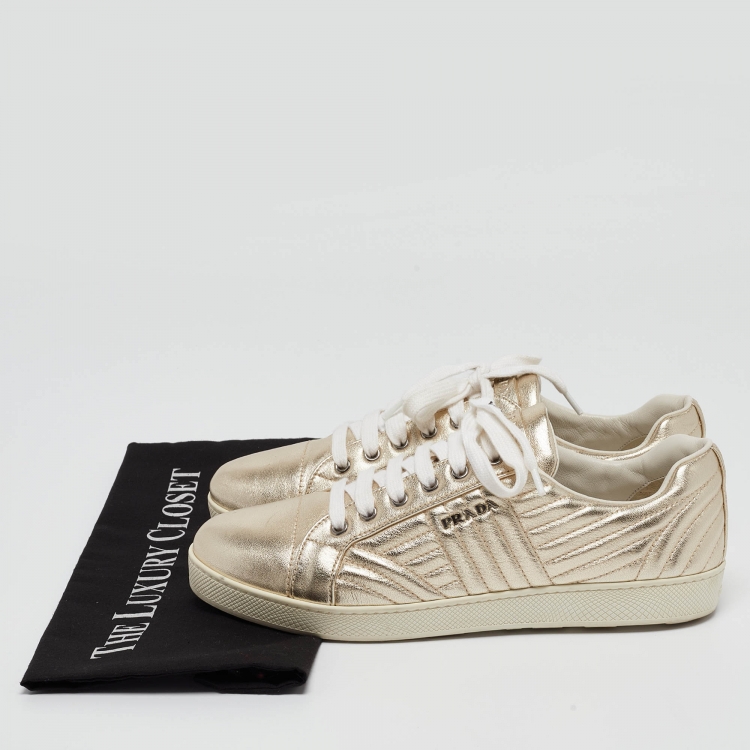 Pre Owned Prada Gold Quilted Leather Low Top Sneakers Size 40
