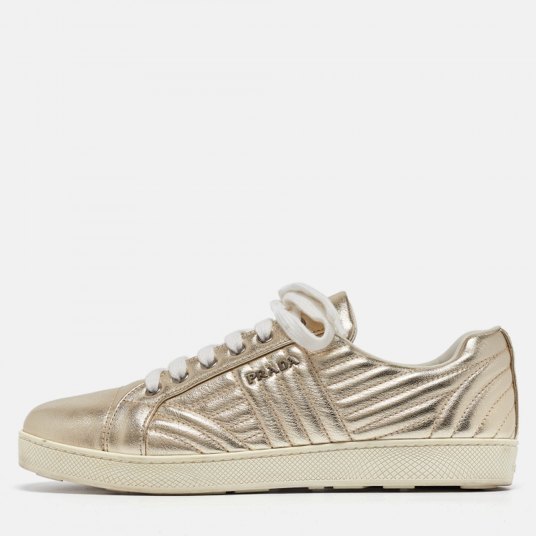 Pre Owned Prada Gold Quilted Leather Low Top Sneakers Size 40