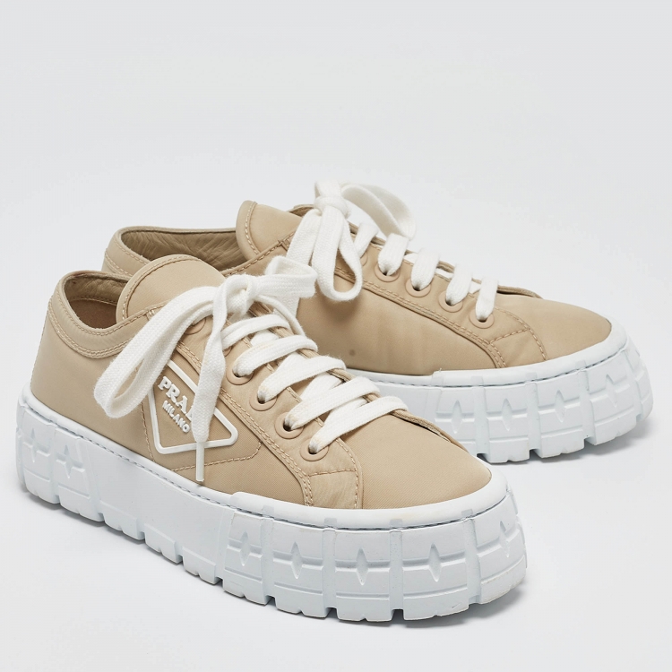 Pre Owned Prada Beige Nylon Gabardine Double Wheel Low Top Sneakers Size 37.5