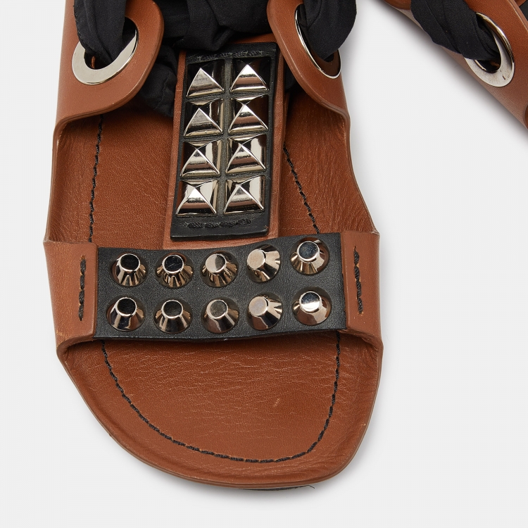 Pre Owned Prada Brown/Black Leather Studded Ribbon Flat Sandals Size 39