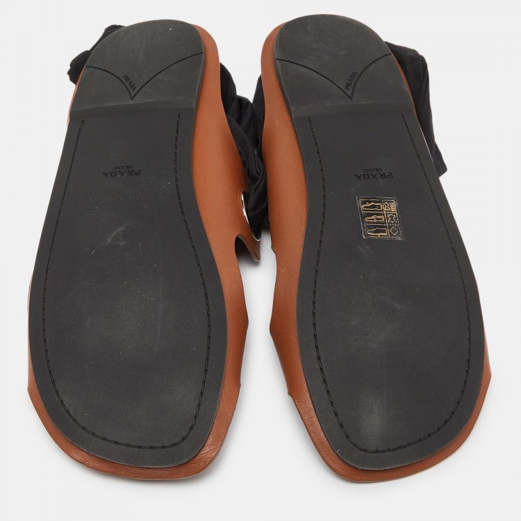 Pre Owned Prada Brown/Black Leather Studded Ribbon Flat Sandals Size 39