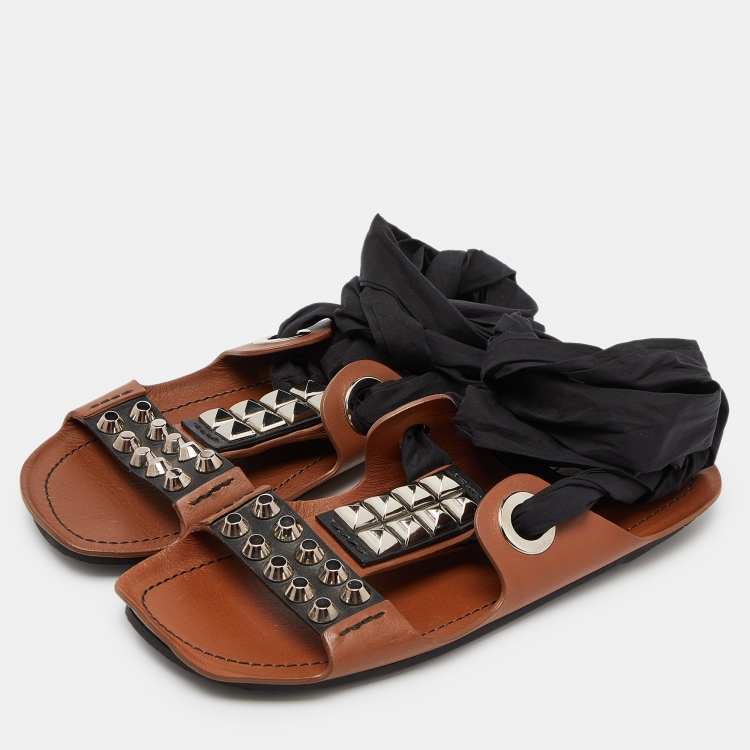 Pre Owned Prada Brown/Black Leather Studded Ribbon Flat Sandals Size 39
