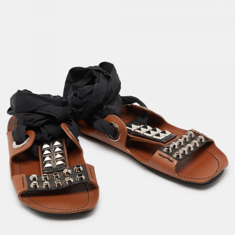 Pre Owned Prada Brown/Black Leather Studded Ribbon Flat Sandals Size 39