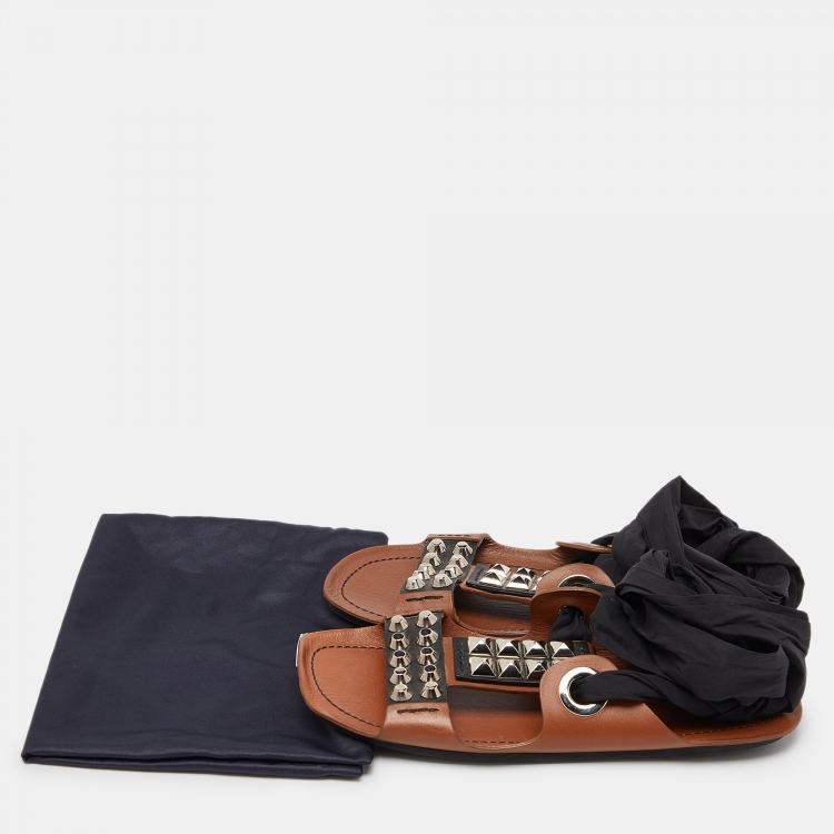 Pre Owned Prada Brown/Black Leather Studded Ribbon Flat Sandals Size 39