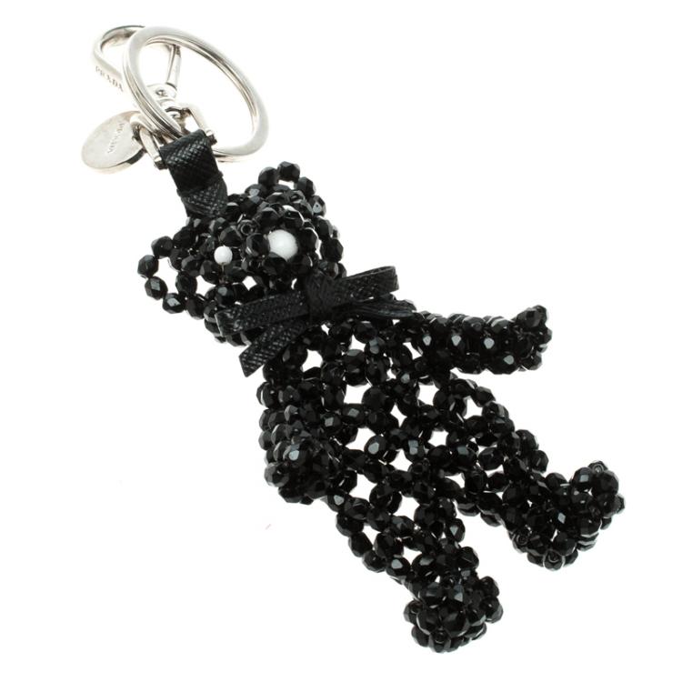 Pre Owned Prada Black Beaded Bear Silver Tone Bag Charm