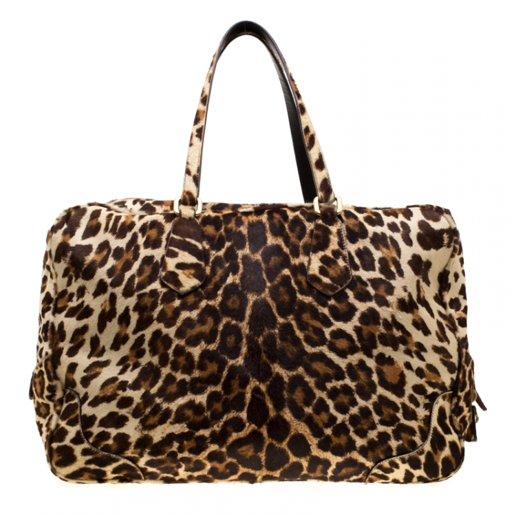 مملوكة مسبقًا Prada Brown Animal Print Calf Hair Weekender Bag