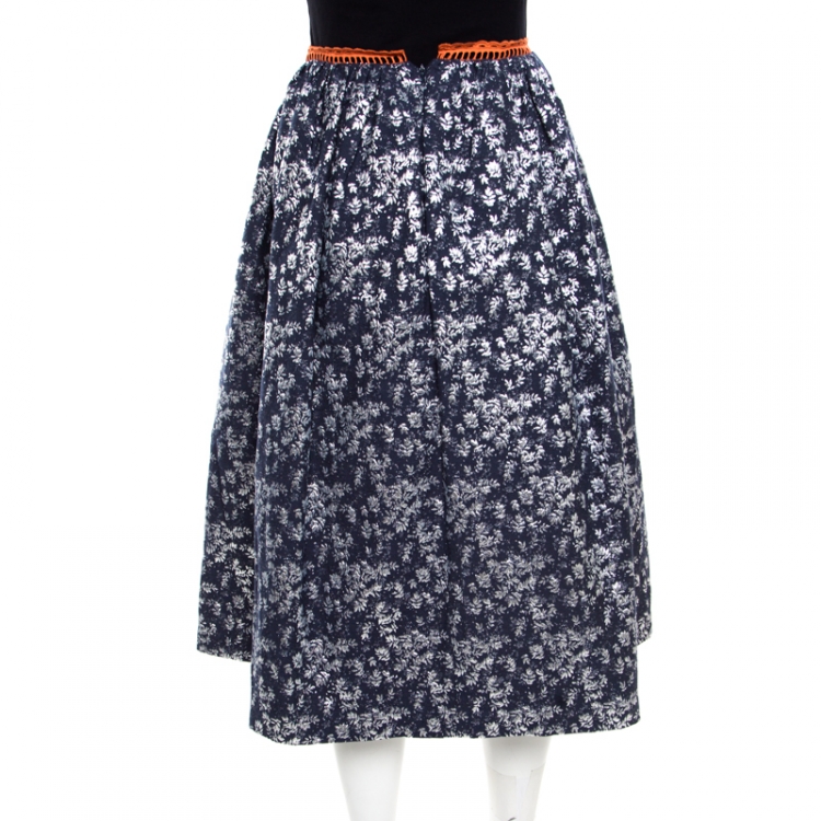 Pre Owned Preen by Thornton Bregazzi Silver and Navy Blue Floral Jacquard Midi Skirt S
