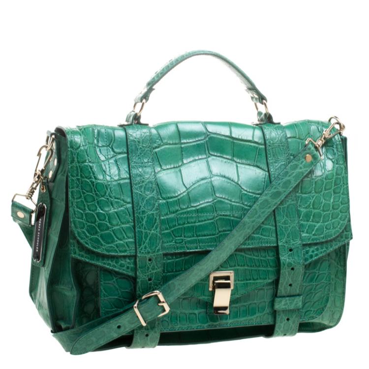 Pre Owned Proenza Schouler Green Crocodile Large PS1 Top Handle Bag
