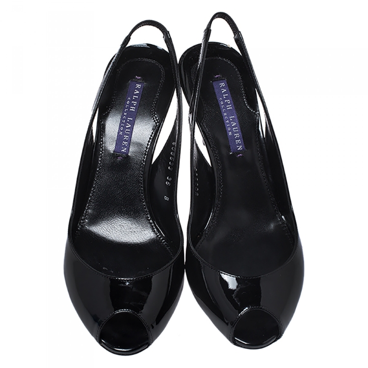 Pre Owned Ralph Lauren Black Patent Leather Slingback Airia Peep Toe Sandals Size 36