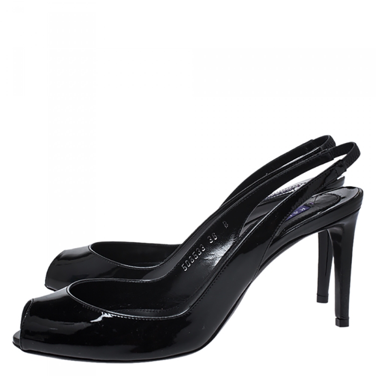 Pre Owned Ralph Lauren Black Patent Leather Slingback Airia Peep Toe Sandals Size 36