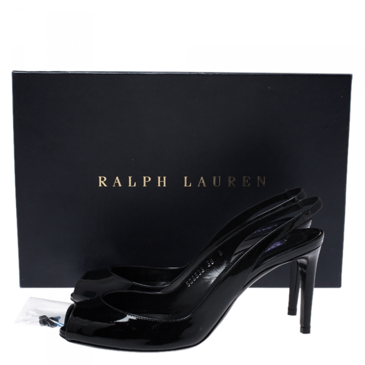 Pre Owned Ralph Lauren Black Patent Leather Slingback Airia Peep Toe Sandals Size 36
