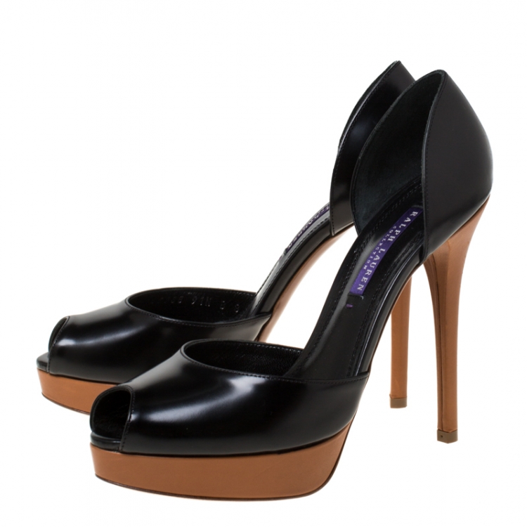 Pre Owned Ralph Lauren Black Leather D'Orsay Peep Toe Pumps Size 38