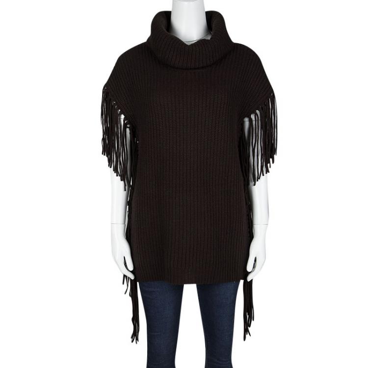 Pre Owned Ralph Lauren Dark Chocolate Brown Fringe Detail Turtle Neck Sweater S