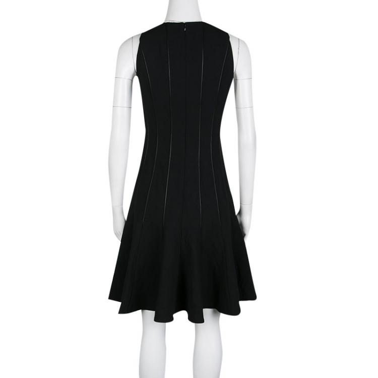 Pre Owned Ralph Lauren Black Wool Leather Paneled Flared Clarissa Dress S