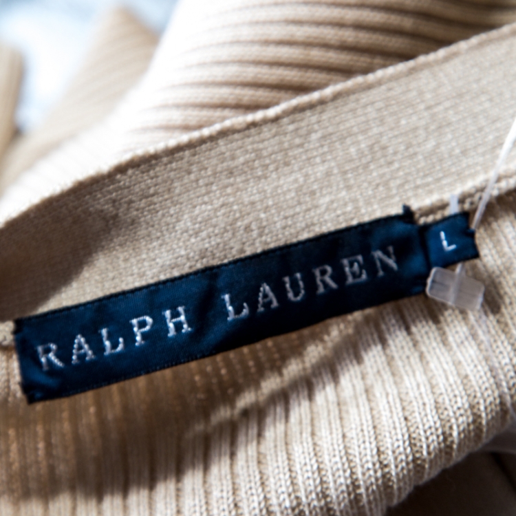 Pre Owned Ralph Lauren Beige Cotton and Silk  Rib Knit Belted Button Front Cardigan L