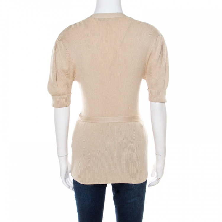Pre Owned Ralph Lauren Beige Cotton and Silk  Rib Knit Belted Button Front Cardigan L